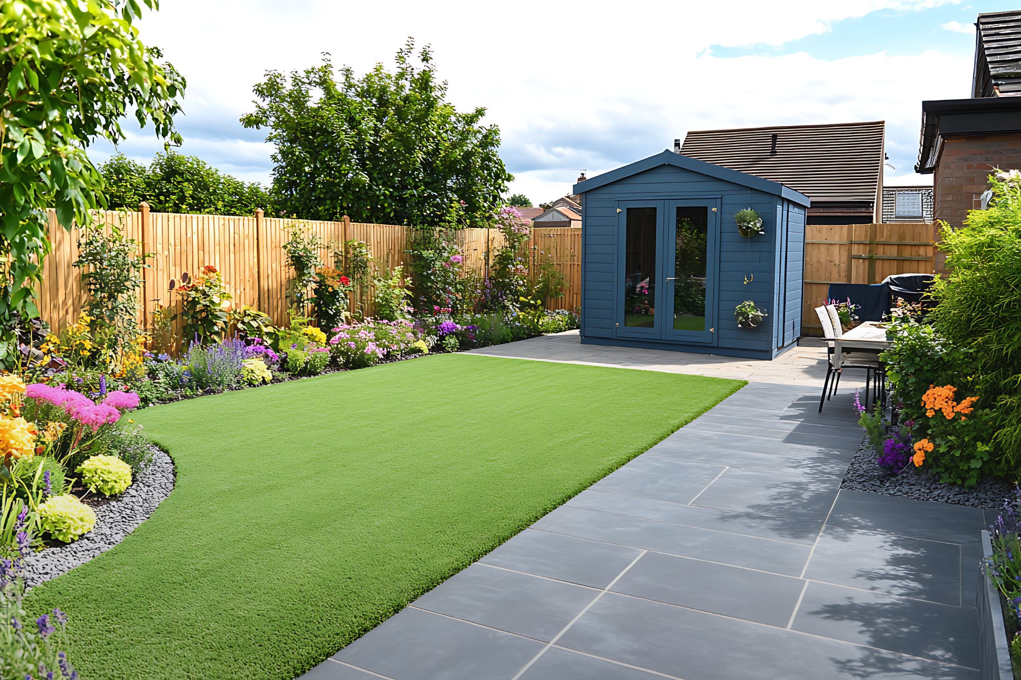Backyard landscape design with artificial grass and minimalist décor